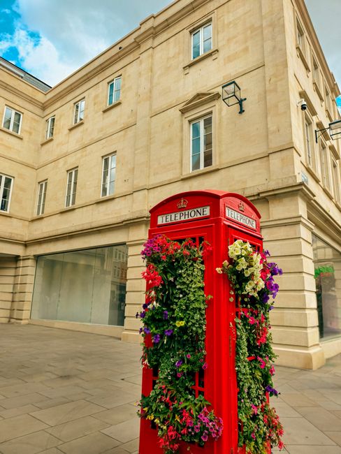 A vintage red telephone box located on a paved street corner in Putney, surrounded by a vibrant display of hanging and potted flowers in shades of pink, purple, yellow, and white. The background featu