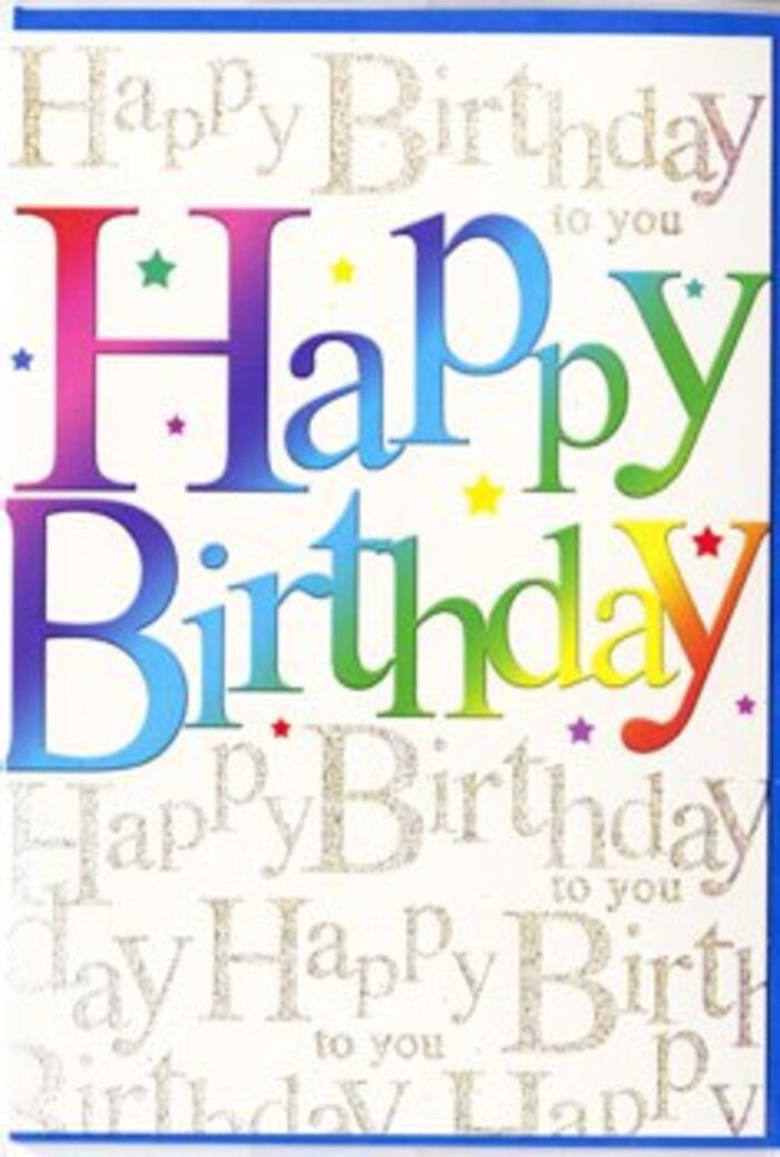 This birthday card presents a joyful, polished design, the kind you might select in Putney after arranging same-day delivery of flowers for a birthday dinner along the Embankment. The front is centred around the phrase Happy Birthday, written in bold, friendly letters that stretch across the card with a slight upward curve, as if echoing the arc of a smile. Each letter is filled with an ombré sweep of rainbow hues, starting with deep crimson and magenta, merging into royal purple and midnight blue, then easing into turquoise, fresh leaf green, and finally warming into amber and lemon yellows. The colours blend seamlessly, so the effect is more like a soft gradient wash than a sharply defined stripe, giving the text a radiant, almost luminous presence. Beneath and behind these striking letters, the card's background is densely yet delicately patterned with repeated lines of gold script, all spelling out Happy Birthday to you in elegant, flowing handwriting. The metallic gold ink catches ambient light, offering a subtle shimmer that feels refined rather than ostentatious, similar to seeing reflections dance on the water near Putney Pier. This script covers the entire backdrop, yet because the lettering is thinner and paler than the central message, it reads as a gentle, textured layer rather than a distraction. Sprinkled around the main phrase are tiny star motifs and confetti-like specks, adding a playful touch that suggests balloons, sparklers, and party streamers without overcrowding the layout. The surface of the card appears smooth with a soft sheen, enhancing the impression of good quality. Overall, it conveys a sense of thoughtful celebration, perfect for marking a birthday in Putney with both colour and grace.