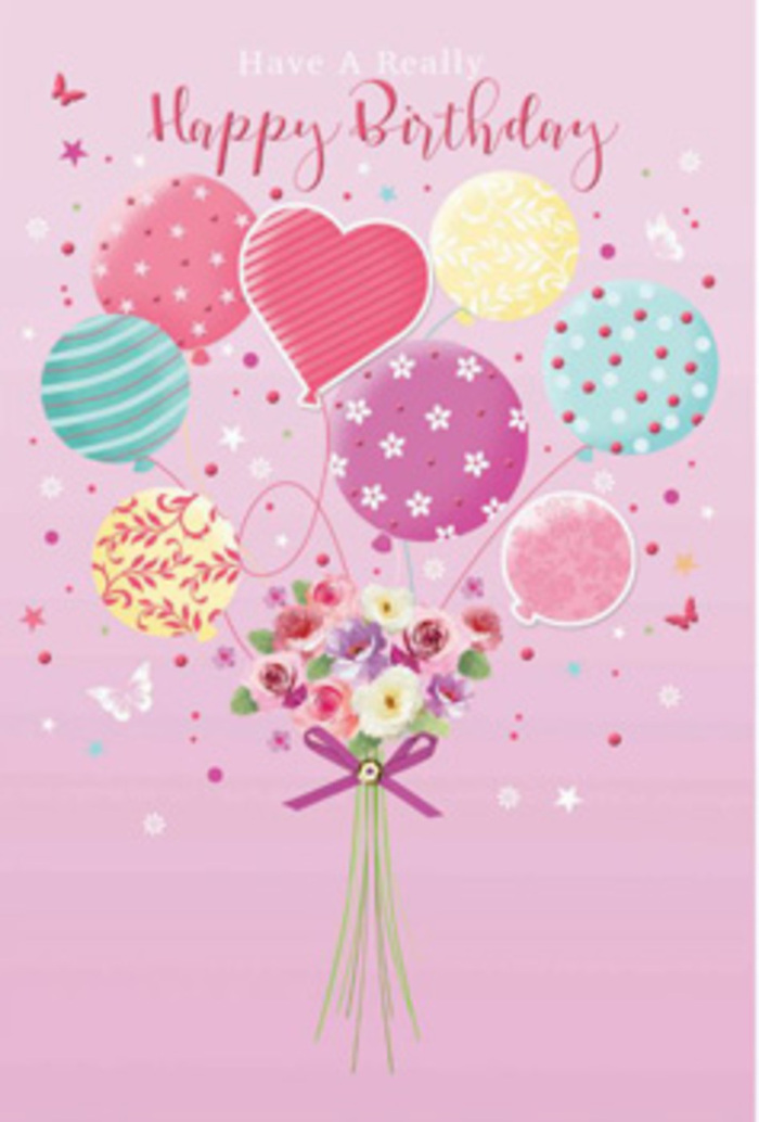 A sense of gentle jubilation fills this illustrated birthday design, like the moment just before guests arrive to a riverside celebration in Putney. Anchoring the composition is a dainty hand-tied bouquet, the stems bound neatly with a rich purple satin bow that glints with a hint of shimmer. The flowers themselves blend soft romance and cheerful charm: petite roses and daisy-like blooms, their velvety petals transitioning from creamy centres to blush pink and pale rose at the edges. They cluster together in a rounded, slightly untamed shape, the kind of natural elegance a skilled Putney florist might create for a thoughtful birthday surprise. From this base, a group of pastel balloons rises, creating the impression that the bouquet is being gently lifted skyward. The balloons glow in shades of pale sunshine yellow, rosy fuchsia, lavender, and sea green, each one decorated with its own unique pattern-twisting, candy-coloured stripes; light-hearted polka dots; and curling swirls that seem to ripple across the glossy surfaces. At the centre of the cluster, a heart-shaped balloon glows softly, drawing the eye and suggesting affection and celebration at the heart of the design. A powdery pink background frames the scene, scattered with tiny stars and fluttering butterflies that add a touch of daydream-like wonder, reminiscent of watching petals and confetti float above Putney Heath on a breezy afternoon. Gentle, even lighting bathes the entire artwork, catching the dimensional curves of the balloons and the subtle texture of each petal. The overall mood is one of tender festivity-a graceful, imaginative birthday greeting that brings together flowers, balloons, and a sense of local warmth from the Putney community.