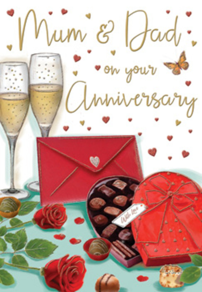 The illustrated anniversary card presents a lovingly composed still life that feels both elegant and homely, like a surprise set up on a Putney kitchen table just before Mum and Dad walk in. Two tall champagne flutes form the visual centre, drawn with fine, clean lines that capture their slender stems and gently tapered bowls. Inside each glass, a pale golden champagne effervesces, with tiny bubbles suspended mid-rise, creating an impression of movement and celebration. In the foreground, a pair of lush red roses lies on the table, their petals layered thickly and shaded to convey a velvety, almost touchable texture. The surrounding green leaves are broad and well-defined, offering a fresh, garden-like contrast that evokes flowers carefully chosen from a local Putney florist not far from the river. Alongside the roses sits a heart-shaped box of chocolates, its rich, deep red surface finished with a bold bow whose smooth, satin appearance is conveyed through gently curving lines and highlights. The lid is lifted to reveal glossy chocolates nestled inside, while a few pieces are scattered casually nearby, hinting at relaxed sharing and easy conversation. A vivid scarlet envelope lies close to the chocolates, neatly sealed and slightly tilted, suggesting a heartfelt handwritten note inside, perhaps recalling family milestones and cherished memories from years spent in Putney's leafy streets. Above and around this intimate arrangement, small hearts in crimson and shimmering gold drift like confetti, circling the words Mum & Dad in a hand-lettered style that feels deeply personal. The overall use of warm reds, soft golds, and rich greens creates an atmosphere of gratitude, romance, and family unity, as though the card is quietly honouring the steadfast love that has shaped a lifetime together.
