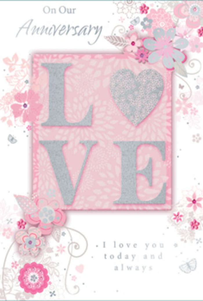 This anniversary card unfolds like a gentle reflection of everyday love, the sort of sentiment that might be exchanged between partners in a quiet Putney townhouse overlooking tree-lined streets. The central motif is the word LOVE, its letters standing slightly proud from the surface, coated in frosted glitter that gives them a soft, shimmering halo. The texture suggests a pleasant roughness to the touch, similar to tracing your fingers over delicate ribbon on a hand-tied bouquet from Flowers Putney. Around this word, the card's borders are adorned with airy, hand-drawn flowers that seem to drift from corner to corner. Their shades of blush pink, lilac, and creamy ivory blend into each other with a painterly softness, suggesting fresh blooms just opened in a local florist's chilled room. The petals are defined yet light, with some areas almost translucent, as though thin petals are catching sunlight through a window looking out toward the river. Fine flourishes in soft grey and silver mimic slender stems, filigree lines, and sprigs of tiny leaves. Nestled among the floral trails, nearly hidden at a glance, are small butterflies and curved details that mimic the gentle flutter of hearts on an anniversary morning. The background is a muted blush, hazier near the edges, giving a sense of depth while keeping the overall look calm and uncluttered. Lower on the card, the message I love you today and always is printed in a graceful, understated typeface, anchored but never heavy. It rests comfortably within the floral setting, like a heartfelt whisper tucked between petals. The composition feels like a bouquet reimagined in paper and glitter, perfect for marking another year of shared life in Putney.