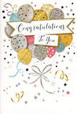 The image presents an elegant congratulations card, its illustration crafted with a sense of occasion that feels right at home in Putney's friendly, village-like streets. The main focus is a joyful cluster of balloons, drawn in layered ovals that overlap softly, creating the impression of a floating bouquet. Their colours blend harmoniously: warm gold, cool silver, soft champagne, sky blue, blush pink, and gentle grey, each one given character through fine decorative details. Some balloons gleam with slender metallic stripes, others are sprinkled with tiny starlike shapes, and several appear dusted with glitter that seems to shimmer, much like festive lights reflected on the surface of the Thames. From the base of the balloons trail slender, curling strings in metallic gold and silver, looping and crossing over each other before gathering in a graceful, stylised knot that anchors the whole design. Scattered around the cluster are delicate stars, confetti dots, and airy ribbon curls, giving the impression that the scene has been captured mid-celebration, as if just after someone shared exciting news near Putney Bridge or in a riverside café. A softly arched banner stretches across the centre, carrying a congratulations message written in refined, flowing script that feels sincere and thoughtful. The background remains pale and uncluttered, allowing the pastel colours and metallic accents to stand out with quiet brilliance. Altogether, the card conveys lightness, pride, and heartfelt joy-a fitting companion to a fresh bouquet delivered locally, perfect for honouring achievements, big or small, within the Putney community.
