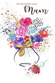 This beautifully illustrated Mother's Day card presents a bouquet that seems alive with colour and sentiment, as though freshly imagined by a Putney florist with a painter's touch. The eye is first drawn to the central cluster of saturated pink and cerise flowers, their generous, rounded shapes recalling roses in full, velvety bloom. Deep indigo lines loosely trace their petals, guiding the gaze outward toward softer strokes of lavender, cool blue, warm peach, and lively chartreuse that blur and blend at the edges. Fine golden highlights glint along selected contours, adding a subtle sparkle that calls to mind the golden hour light reflecting off the Thames near Putney Embankment. The flowers are gathered into a gentle, rounded vase, its outline suggested with translucent washes rather than strict lines, and tied at the base with a slim golden bow that feels like a finishing ribbon on a carefully crafted bouquet. Surrounding the main arrangement, playful paint flicks, tiny hearts, and dots of colour drift against the crisp white background, evoking confetti, scattered petals, or the happy chaos of a family celebration in a Putney home. The composition balances movement with calm: some areas are richly saturated and layered, while others are left airy and open, giving the bouquet room to breathe. It reads as a tender visual message, perfect for mums who treasure both art and flowers. Even without fragrance, this painted posy seems to carry the scent of gratitude and the warmth of a child's embrace, offering a lasting reminder of Mother's Day affection.
