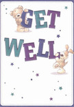 Lighthearted and full of promise, this get well card is a spark of hope crafted in the spirit of Putney. Centered in the gentle cream expanse, a plush teddy bear, painted in warm golden browns with fine, fluffy texture, balances atop 'GET'-its smile as genuine as a friendly greeting on Putney High Street. A floppy-eared puppy, brimming with joyous energy, cradles the ever-encouraging 'WELL' in bold teal, its velvety fur illustrated with such care that one can almost sense its comforting softness. Across the card, stars in various blues and purples scatter like cheerful confetti, reflecting the celebratory mood that accompanies a fresh bouquet from Putney's local florist. The letterforms seem to leap in joy, their vibrancy matched by the surrounding whimsical details, ensuring this card delivers not just words but a true emotional lift. Like the freshest blooms sent across SW15, it is a faithful companion to any recovery, promising brighter days with heartfelt sincerity.