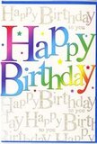 The image shows a birthday card that feels bright and festive, ideal for tucking alongside a colourful arrangement from Flowers Putney heading to a party near Putney Bridge. The main focus is the large Happy Birthday greeting printed across the centre in big, rounded letters that suggest a warm, cheerful tone. Each letter is washed in a continuous rainbow gradient, starting in shades of rich red and fuchsia, sweeping through deep blue and teal, then turning into vivid greens before finishing in warm orange and buttery yellow. The blending is smooth, giving the impression that the colours are softly melting into one another, like the hues of clustered balloons at a riverside celebration. Behind this bold, colourful text lies a backdrop filled from edge to edge with delicate gold script, repeatedly spelling out Happy Birthday to you. The writing is fine and cursive, adding a layer of sophistication, much like the elegant touches you might notice in small independent shops along Putney High Street. The gold ink glints gently when caught by light, providing a refined shimmer that enhances rather than competes with the rainbow lettering. Scattered around the central words are tiny specks and small, stylised stars, reminiscent of confetti drifting down after the candles have been blown out. The card's finish appears smooth and slightly glossy to the touch, giving everything a polished look. Together, the vivid foreground text and the softly glimmering background create an impression of joyful celebration that would delight anyone receiving birthday wishes in Putney, whether they're turning eight or eighty.