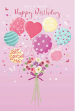 This charming birthday illustration feels like a light, joyful pause in the bustle of Putney, where flowers and balloons meet on a soft pink stage. At the bottom of the artwork rests a hand-tied bouquet, its flowers arranged in a rounded, affectionate cluster, as though freshly crafted in a local Putney florist's studio. The blooms include rose-like and daisy-inspired flowers with layered, feathery petals in shades of creamy ivory, pale blush, and muted mauve, their gentle tones blending together in a soothing harmony. The stems are gathered neatly and tied with a violet satin bow, its shine catching the light much like the ribbons on a birthday gift waiting on a table near Putney High Street. From this bouquet, a cascade of pastel balloons lifts upward, giving the impression that the flowers are floating, buoyed by celebration. The balloons shimmer in hues of soft pink, teal, lemon yellow, and lavender, each with its own playful personality. Some carry candy-stripe designs that twist and curl, others are dotted with cheerful polka spots, and one prominent balloon takes on a heart shape, symbolising love and warm birthday wishes. Tiny stars and delicate butterflies orbit the arrangement, adding an almost fairy-tale atmosphere, as if the scene were set in a quiet garden near the Thames on a gentle, breezy day. Soft lighting creates a halo of brightness around the balloons while casting subtle shadows that enhance the depth of the flowers below. Altogether, the design feels airy, sweet, and perfectly festive-a visual birthday message that wraps colour, tenderness, and the beauty of fresh blooms into one uplifting moment.