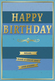 This refined birthday card, imagined on a dining table in Putney set for a gentle celebration, blends a soothing palette of blues with sophisticated gold details. The background consists of broad horizontal stripes that span the card from edge to edge, each stripe a distinct shade of blue, from moody navy at the bottom through ocean and teal mid-tones to a lighter sky blue near the top. Together, these layered hues create an ombré effect reminiscent of a clear evening sky over the river. Centered against this backdrop, the message HAPPY BIRTHDAY appears in large, embossed gold letters. The metallic finish provides a smooth, polished sheen, and the raised lettering introduces a tactile element that suggests quality cardstock and careful printing. Just below, a graceful golden flourish curves outward in balanced arcs, adding a classical note that softens the clean lines of the stripes. Beneath this flourish, three slender gold banners are arranged one under the other, each ribbon catching the light with a gentle glow. On them, the phrase Relax, have a great day and enjoy! is printed in an easy, conversational style, as if a friend has turned their voice into a keepsake. A fine gold border traces the perimeter of the card, framing the composition with a sense of order and elegance. Picture this card beside a vase of fresh flowers delivered across Putney-the cool blue tones harmonising with delicate blooms, the gold elements echoing the warm light of nearby candles-creating a calm yet unmistakably festive birthday atmosphere.