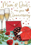 This anniversary card artwork captures the essence of a romantic evening celebration for Mum and Dad, as if it were set up in a cosy Putney flat after a leisurely walk along the Embankment. At the centre, two elegant champagne flutes stand alongside one another, their clear glass bowls filled with sparkling golden champagne, bubbles rising in delicate trails that suggest a toast is moments away. Resting in front of the glasses, two beautifully detailed red roses stretch across the tabletop, their petals full and velvety, with gentle curves and shadowing that make each bloom feel rich and alive. Fresh green leaves peek out beneath the roses, offering a natural frame that echoes the feel of a hand-tied bouquet sourced from a local Putney florist on the High Street. To one side, a heart-shaped box of chocolates sits partially open, its deep red lid adorned with a dramatic ribbon bow that flows in soft loops, rendered with a subtle sheen that recalls smooth satin. Inside, neat rows of chocolates are visible, with a few pieces scattered invitingly on the surface, hinting at shared indulgences and private smiles. A scarlet envelope, sealed and carefully placed, lies close to the chocolates, suggesting a personal message filled with affection and gratitude, perhaps written earlier while thinking back over years of shared life and family gatherings. Surrounding the central arrangement, small hearts in shades of crimson and warm gold float lightly around the hand-lettered Mum & Dad, adding a playful yet deeply loving touch. The overall effect of rich reds, glowing golds, and soothing greens creates a tender, celebratory mood, evoking the sound of clinking glasses and the quiet contentment of an anniversary well spent together.